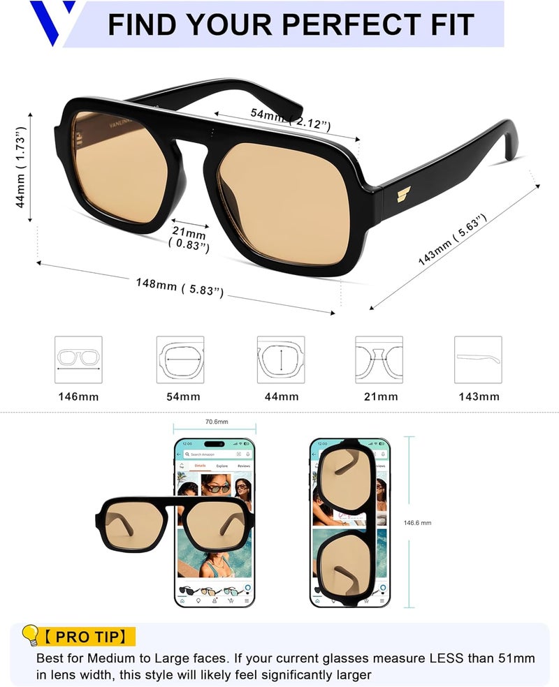 VANLINKER Oversized Retro Square Aviator Sunglasses for Women Men 70s Vintage Style Trendy Big Flat Top Sun Glasses VL9826 - Image 5